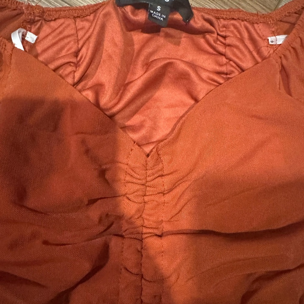 Lulu's Rust Orange Off-Shoulder Ruched Drawstring Crop Top - Picture 3 of 5